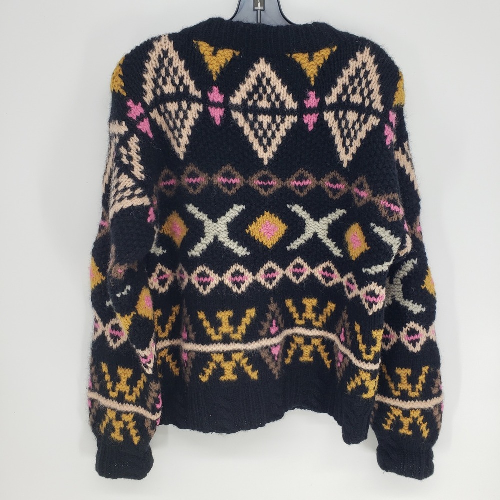 Vintage 90s Hand Knitted Wool Sweater Womens Sz Large Fair Isle Geometric Chunky - Picture 2 of 7